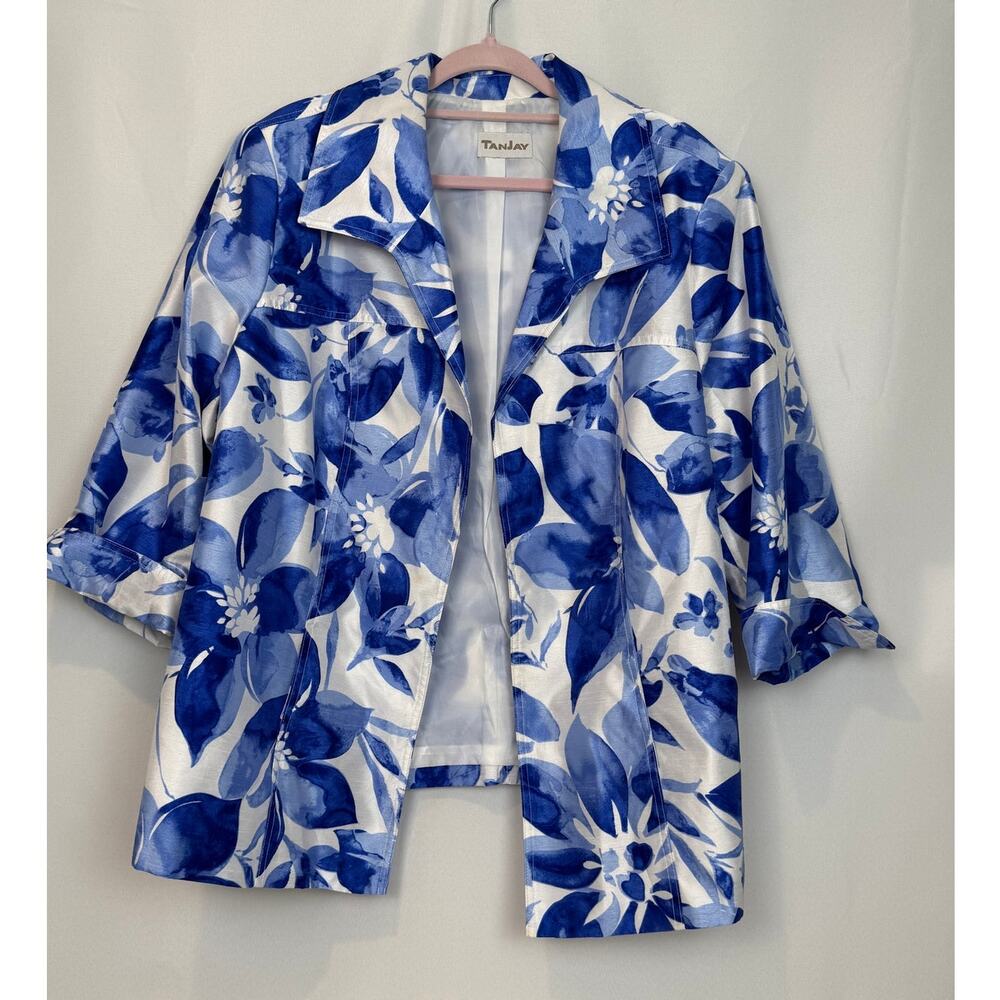 Tanjay Blue White Watercolor Floral Open Blazer Jacket Size 2X 3X Plus